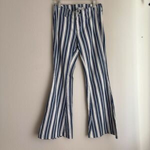 Free‎ People Jolene Blue Striped Hip Hugger Bell Bottom Jeans Womens 28 Flaw